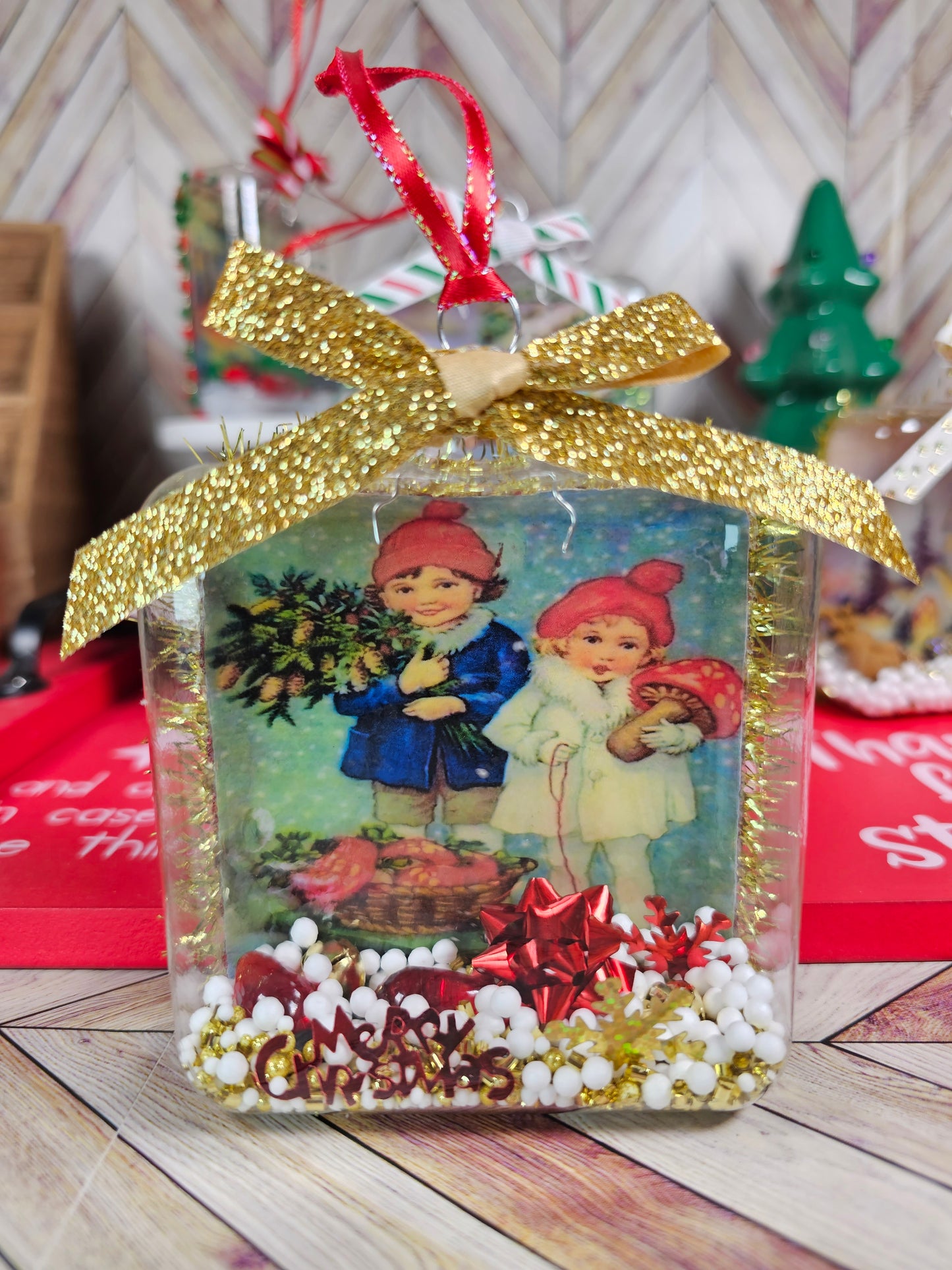 Vintage Inspired Christmas Mushroom Basket- Glass Ornament