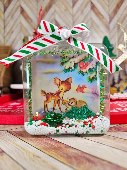 Vintage Inspired Woodland Pals Winterscape- Glass Ornament