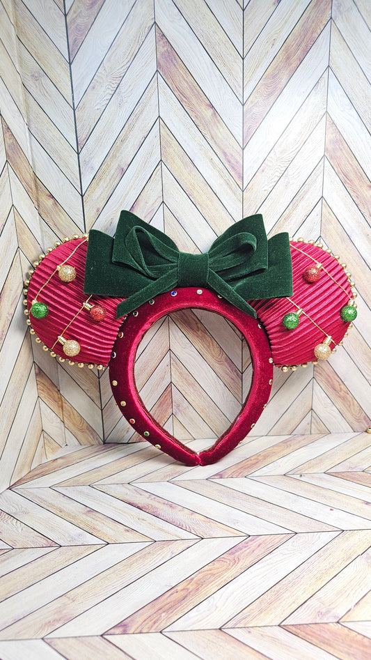 Magical Mouse Red Glitzy Ears with Green Velvet Bow