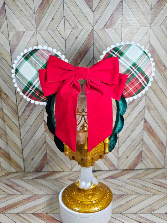 Magical Mouse Christmas Plaid Ears with Short Red Back Bow