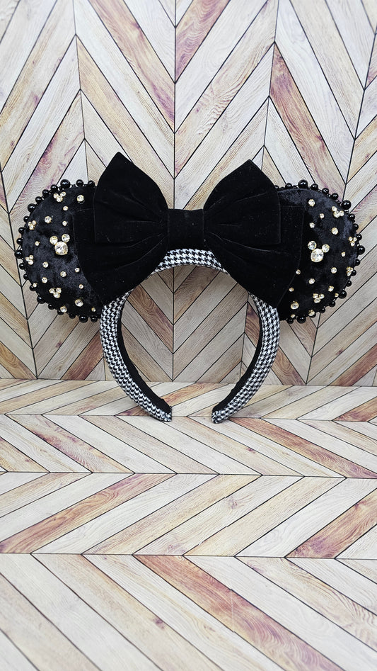 Magical Mouse Black Glitzy Ears with Houndstooth Headband