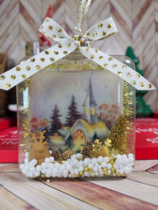 Vintage Inspired Golden Hour Church Winterscape- Glass Ornament