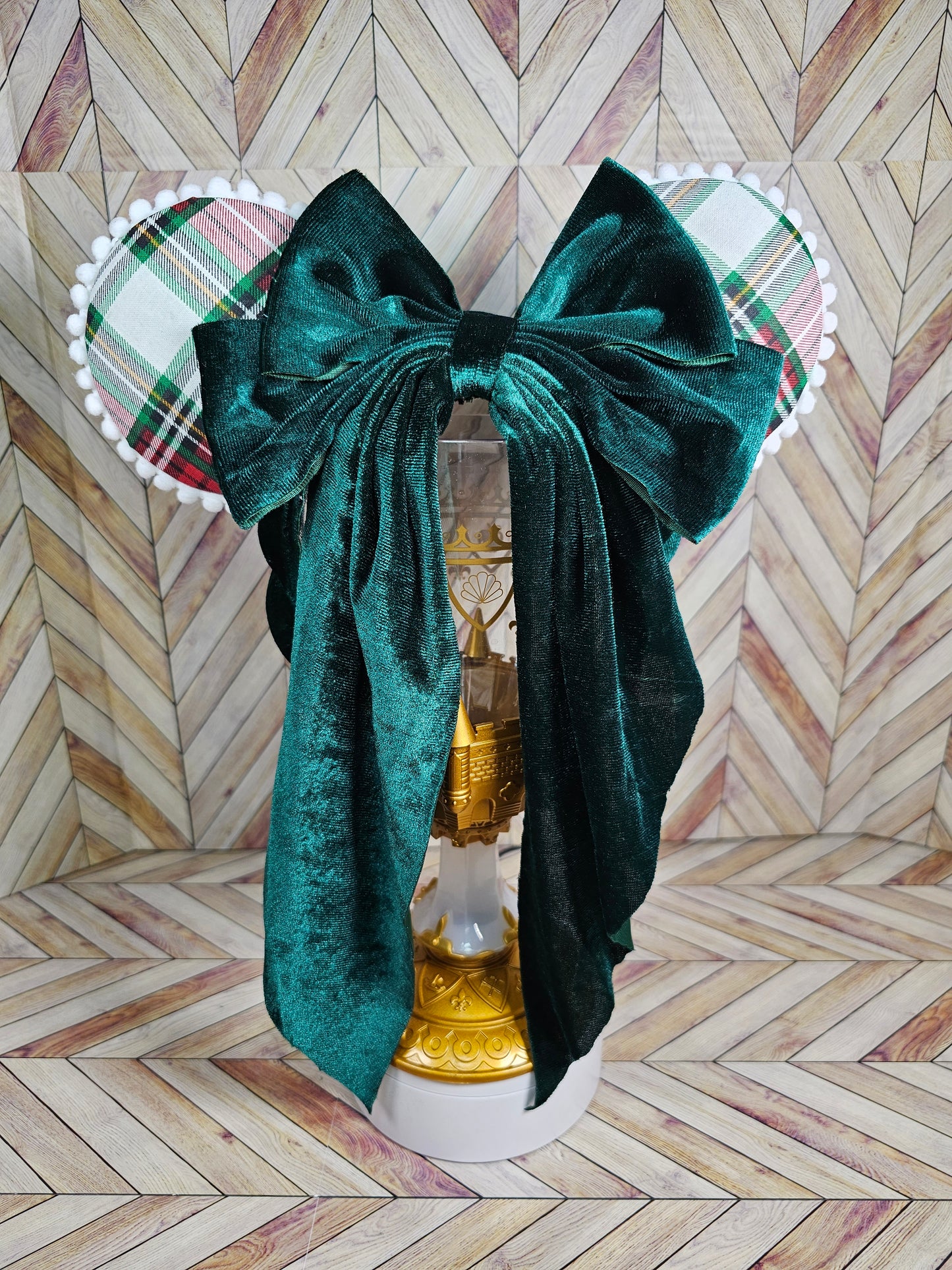 Magical Mouse Christmas Plaid Ears with Long Green Back Bow