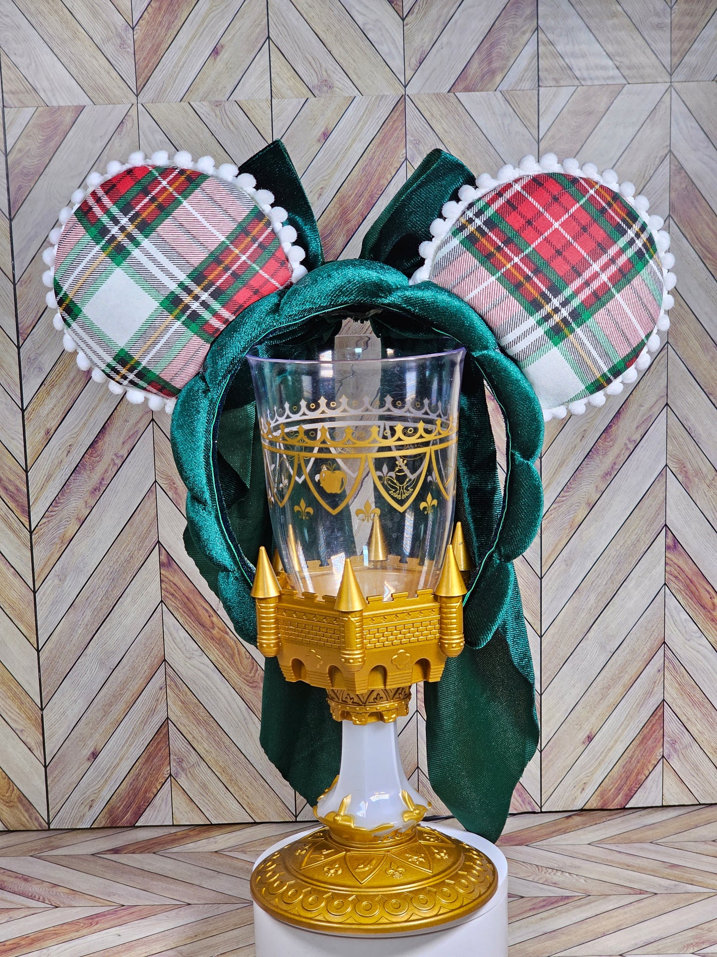 Magical Mouse Christmas Plaid Ears with Long Green Back Bow