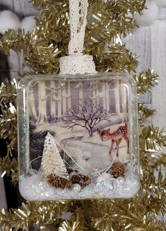 Vintage Inspired Winter Wonderland Deer Crossing - Glass Ornament